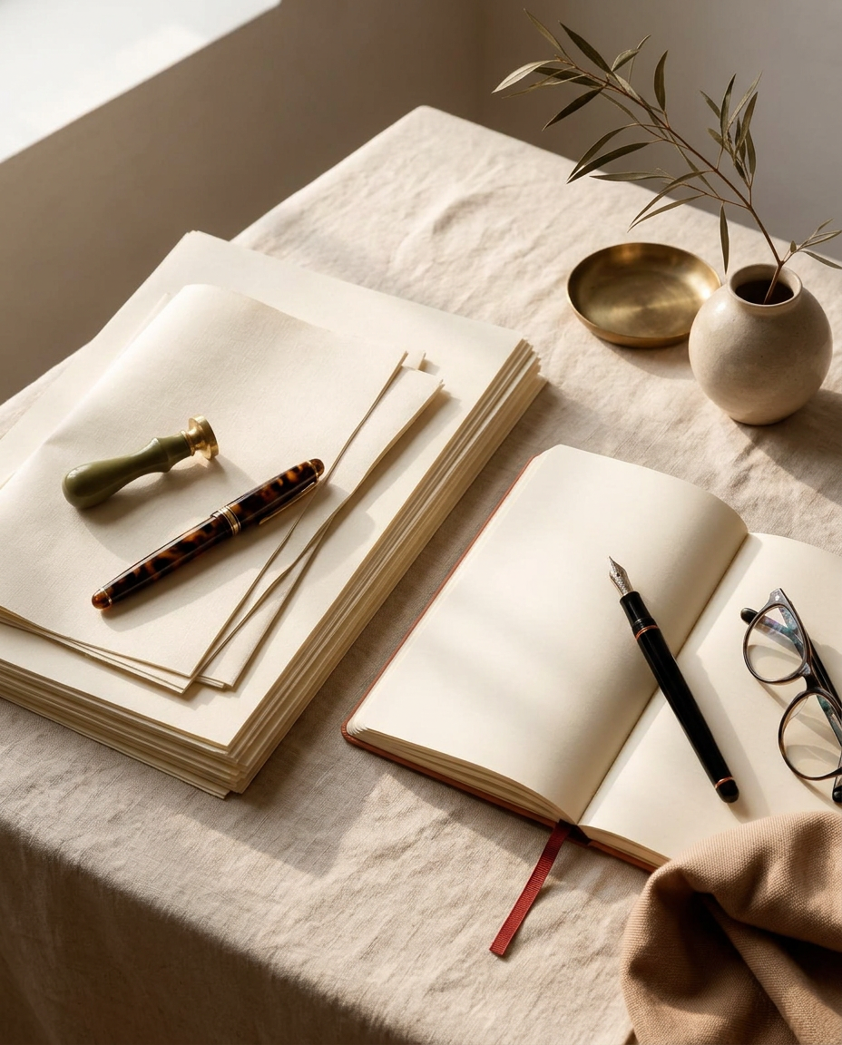 Linen desk with case files, fountain pen, open notebook, and an olive branch